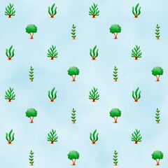 Seamless watercolor pattern with cute seaweed on a blue background – underwater ocean illustration for kids‬