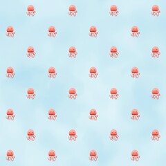 ‪Seamless watercolour pattern with cute jellyfish on a blue background – underwater ocean illustration for kids‬