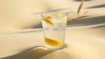 Transparent glass of iced lemonade on warm sand with soft light reflections, minimalist beach setup evoking a relaxed and refreshing mood
