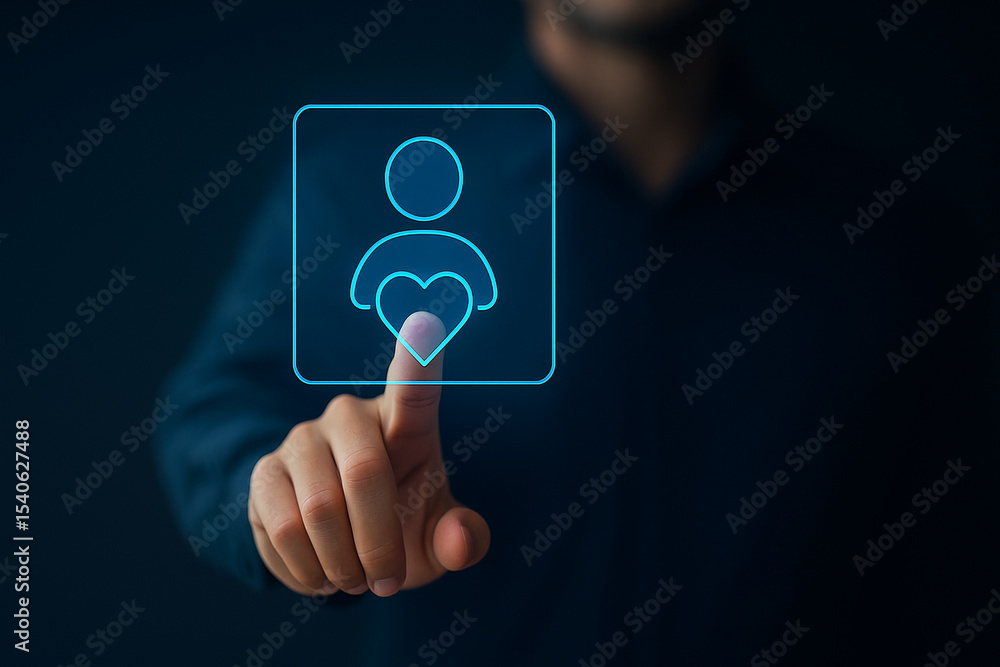Poster businessman touching virtual heart icon on digital interface to save favorite contact in futuristic 