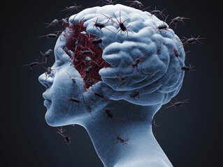 Surreal illustration of a translucent human head with insects crawling on exposed brain. OCD