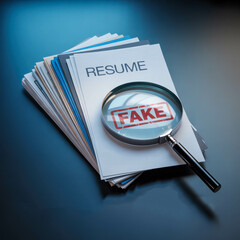 Magnifying Glass Revealing Fake Resume on Black Desk with Stack of Documents. Resume Fraud Detection