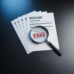 Magnifying Glass Revealing Fake Resume on Black Desk with Stack of Documents. Resume Fraud Detection