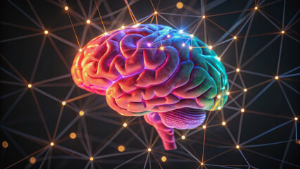 A vibrant digital illustration of a human brain with interconnected neural nodes representing neural networks and cognitive processes.