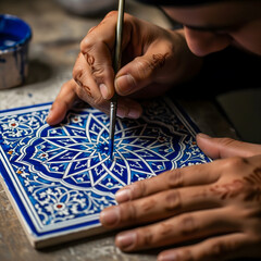 A person's hands, adorned with intricate henna designs, carefully paint a complex blue and white geometric pattern onto a ceramic tile with a fine brush. Generative AI.
