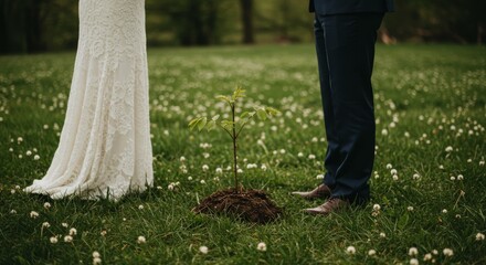 Bride and groom planting a tree together in a field of white flowers on their wedding day outdoors