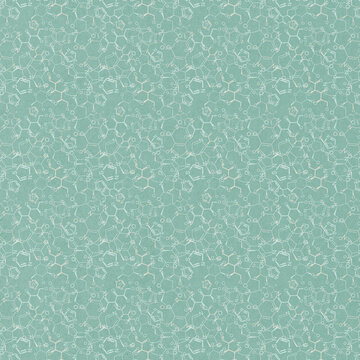 Seamless green repeat chemistry formulas molecules pattern with ornamental design. Vector fabric texture background.