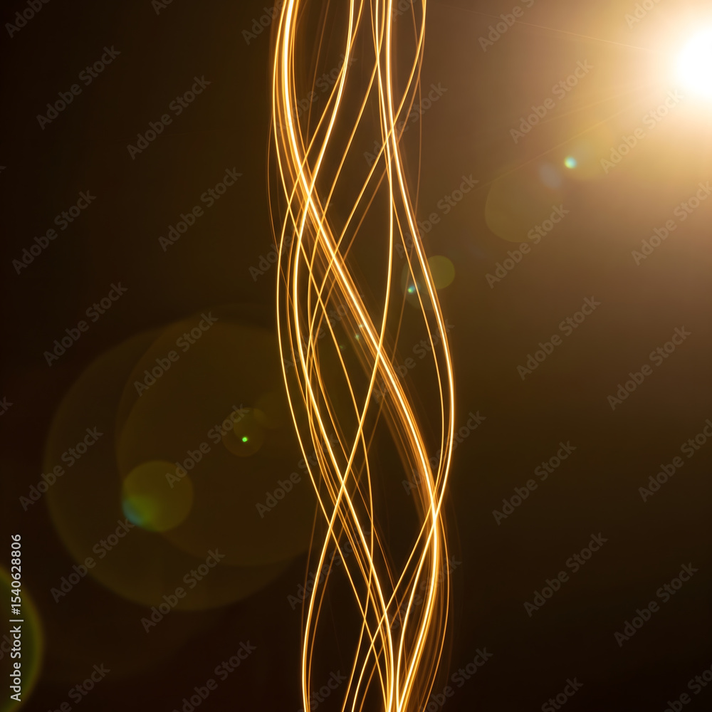 Poster golden light trails intertwine vertically against a dark background, creating a dynamic, abstract pa