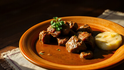 Beef Stew with Dumplings: A hearty bowl of rich beef stew, simmered to perfection, served with fluffy dumplings on a rustic plate. The warm light enhances the delicious appeal.