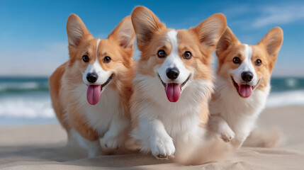 Three Corgi dogs running on a sandy beach
