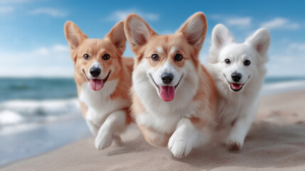 Three Corgi dogs running on a sandy beach