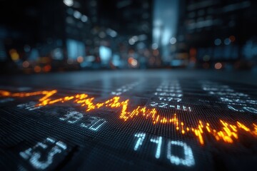 A dynamic display showing stock market data with rising orange trendlines and cool blue numbers reflecting the volatility of global finance on dark background.