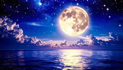 Full Moon over Calm Ocean at Night.