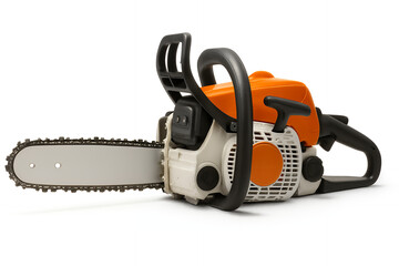 A close-up shot of a new, orange and white chainsaw set against a clean, white background, perfect for illustrating power tools.