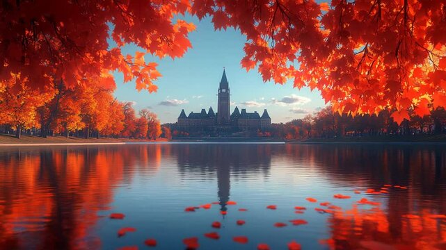 Autumn Ottawa Parliament with Canada, and Fall Leaves.