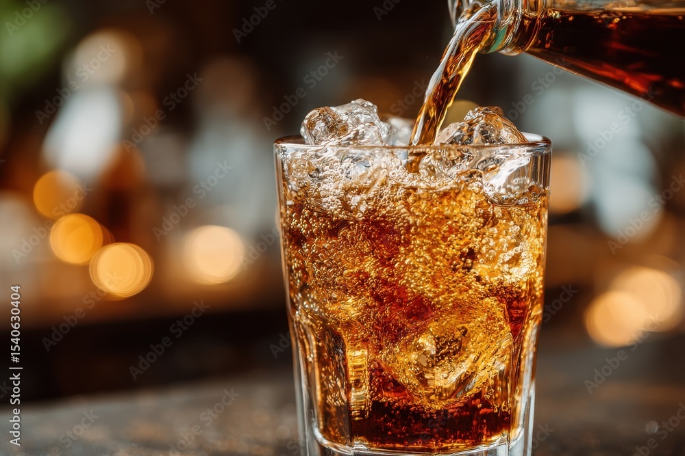 Poster close-up of a refreshing cola being poured into a glass full of ice, creating bubbles, with an appea