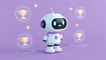 Cute robot hosting a play-to-earn tournament with holographic trophy icons, on a solid pastel purple background.