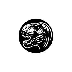 Illustration of a Tyrannosaurus Rex head inside a black circle, showcasing its teeth and detailed features.