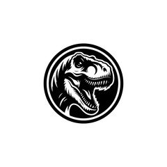 Black and white graphic design of a Tyrannosaurus Rex head in a circle.
