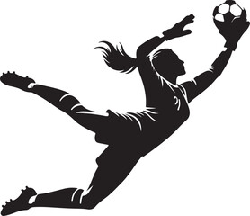 Silhouette of a female soccer goalkeeper diving to catch a soccer ball in a dynamic pose on white