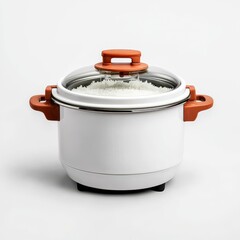 Modern rice cooker with steam vent and glass lid on white background