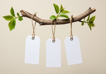 Blank tags hanging from a branch with new leaves