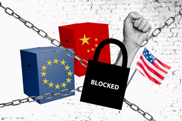 Trend artwork collage template sketch of hand fest up chain cross lock blocked box europe china...