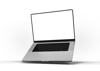 A laptop with a blank screen floating at an angle against a transparent background, showcasing minimalist design and advanced technology. 3d render