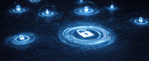 The digital lock symbolizing cybersecurity in a futuristic virtual landscape.