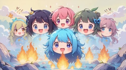 Adorable anime girls by a campfire in a stylized and cute cartoon environment - Powered by Adobe