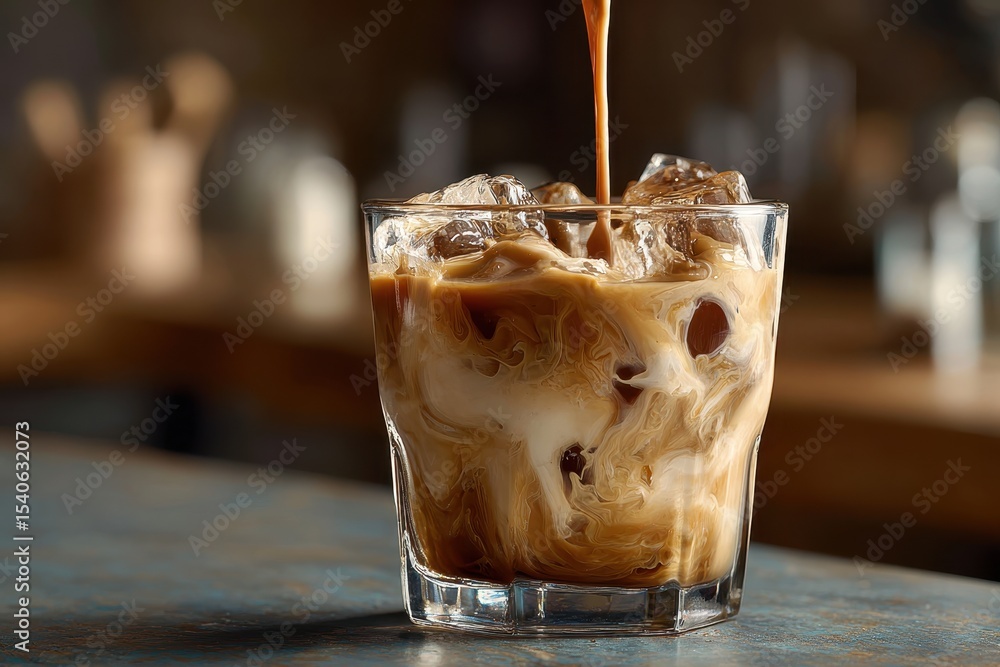 Poster close-up of iced coffee being poured into a glass with ice cubes, blending with milk, creating a vis