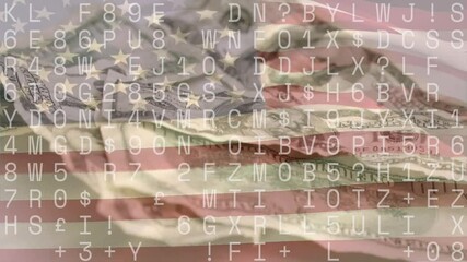 Camera panning shifting folded US flag over bills under code layer visualizing data security - Powered by Adobe