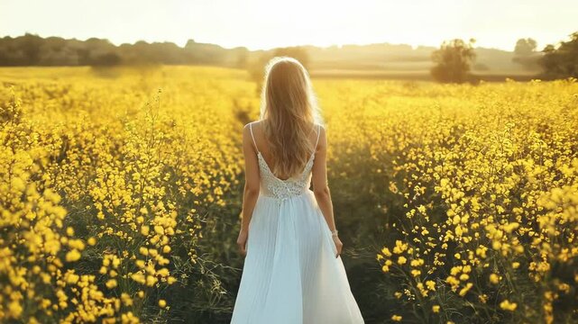 Beautiful bride walking in rapeseed field at sunset.Young blonde woman wearing white wedding dress walking through blooming rapeseed field at golden hour