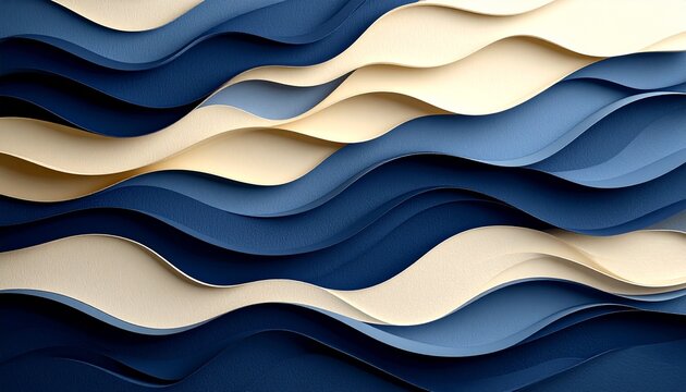 Realistic paper cut design in navy and cream colors, layered curves forming abstract landscape, light coming from top left, smooth paper texture, subtle 3D effect