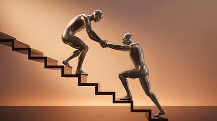 Bronze mannequins helping pull teammate upward on staircase symbolizing mentorship ambition collaborative growth