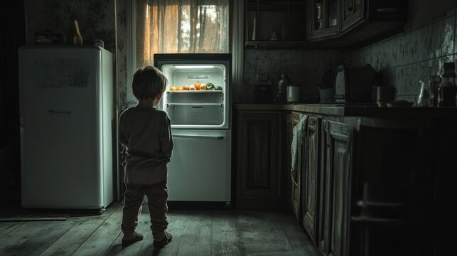 A young child staring into an empty refrigerator in a dimly lit kitchen, symbolizing food insecurity and poverty.
