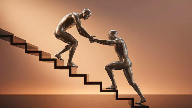 Bronze mannequins helping pull teammate upward on staircase symbolizing mentorship ambition collaborative growth