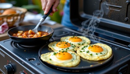 an outdoor cooking scene where someone is preparing breakfast on a gas stove. there are eggs in two pans on the stove top; the one closer to the camera has egg whites