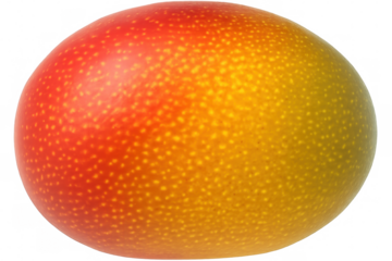 Whole mango isolated on transparent background, showing skin texture and gradient color from red to yellow
