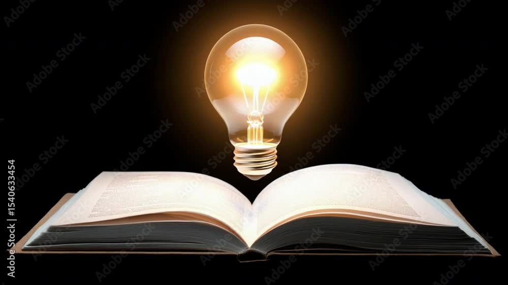 Poster illuminating ideas: an open book with a glowing lightbulb above it, symbolizing knowledge, inspirati
