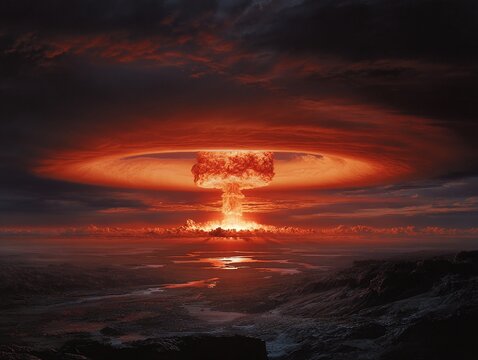 Massive Nuclear Explosion Mushroom Cloud Rises Over Devastated City - Powered by Adobe
