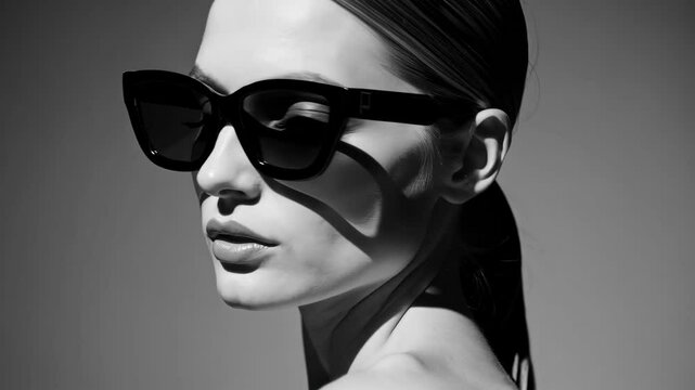 Beauty Fashion model girl black and white portrait, wearing stylish sunglasses