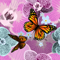 Orchid seamless background with butterflies. hand drawing. Not AI, Vector illustration