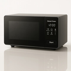 Obraz premium A sleek, modern smart oven in a studio setting, displaying the time and featuring a user-friendly control panel, isolated on white background