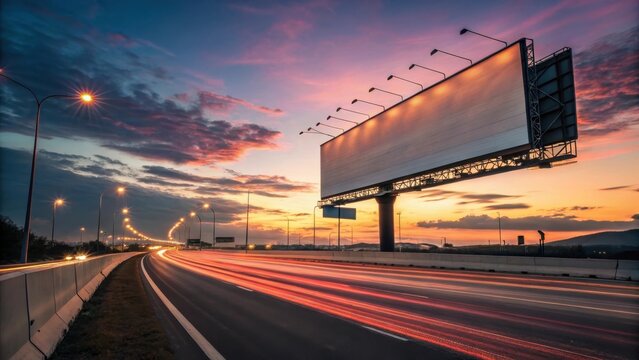 Large illuminated billboard stands over a bustling highway during a vivid sunset, with car light trails emphasizing movement and energy.