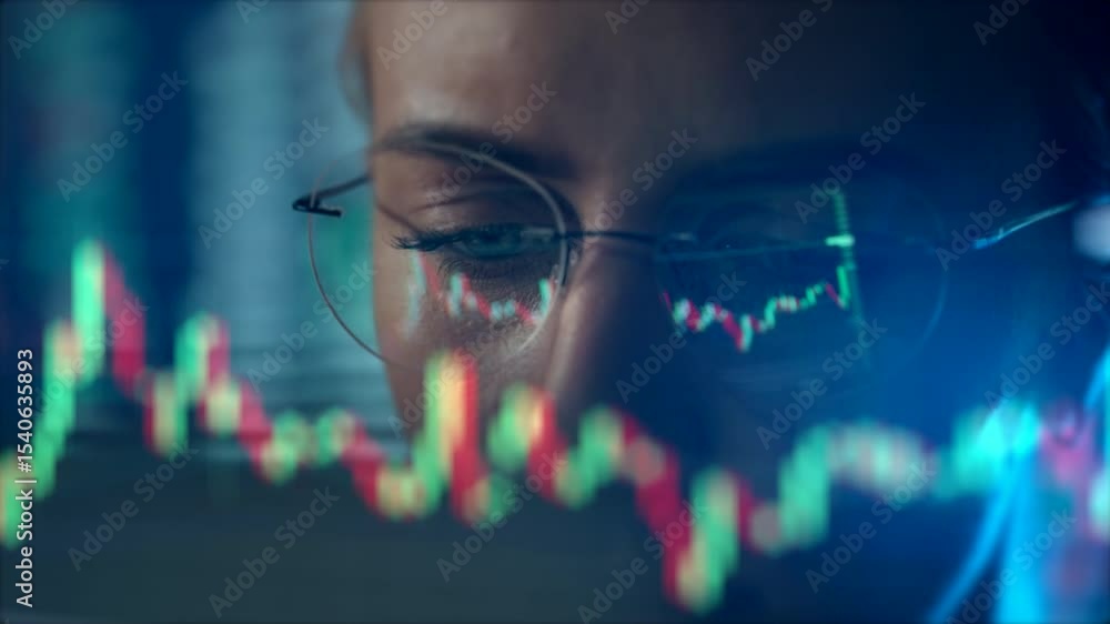 Poster trader wearing glasses is working on laptop computer. screen with stock market charts and bitcoin bt