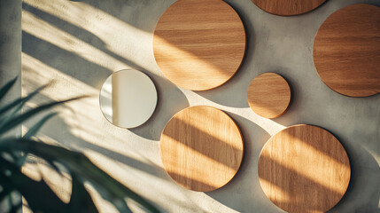una pared o muro decorado elegante con circulos de madera y espejos diseño de interiores sencillo y de lujo