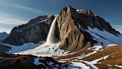 Dark brown mountain range with heavy snow deposits resembling natural glaciers in a remote snowfield