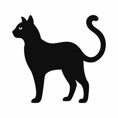 Elegant Black Cat Silhouette Standing Profile with Curved Tail and White Background