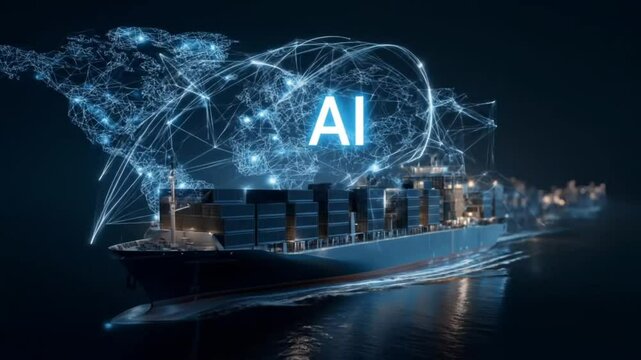 Digital AI Brain of container cargo ship carrying container and running for export goods from cargo yard port to custom ocean concept technology transportation